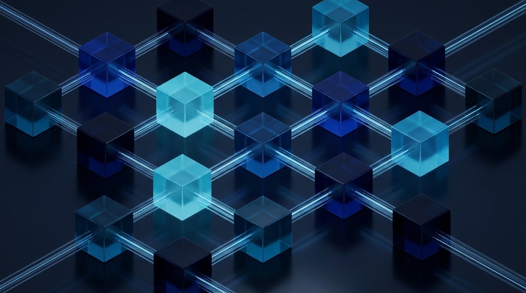 Modular distributed architecture — glowing sapphire cubes linked by data streams